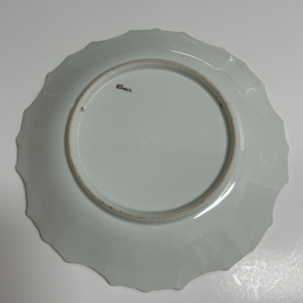 Antique Porcelain Cherries Plate Hand-Painted Green Scalloped Rim 8.5โ France - Picture 9 of 12